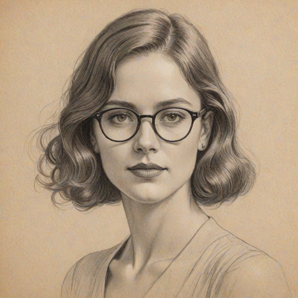 Graceful Sophie Winkleman, pencil sketch, portrait of Beauteous woman 1926s in glasses, hair style beatnik, outline, clear lines, fine lines, 8k