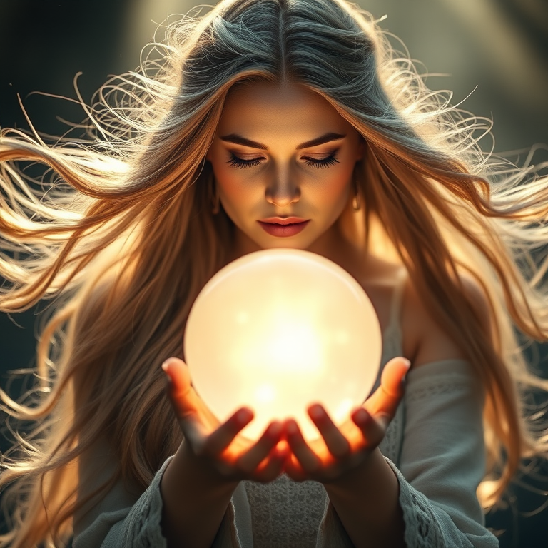 A mystical woman with long, flowing hair holds a glowing crystal ball, soft ethereal lighting, captured with a Canon EOS R5, 50mm lens, f/1.8, ISO 100, with a slight vignette and a dreamy focus effect.