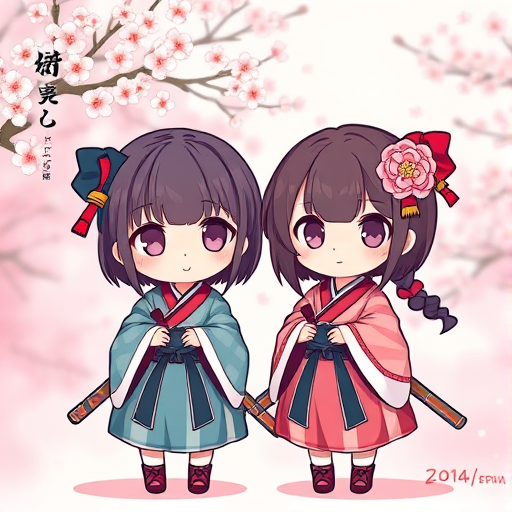 Create a cute, colorful illustration of two chibi-style samurai girls in traditional Japanese attire, with cherry blossoms in the background, soft pastel colors, and a hint of a whimsical atmosphere, using a high-resolution digital art style with a Canon EOS 5D Mark IV, 50mm lens, f/1.8 aperture, ISO 100, soft lighting, and a slight bokeh effect for depth.