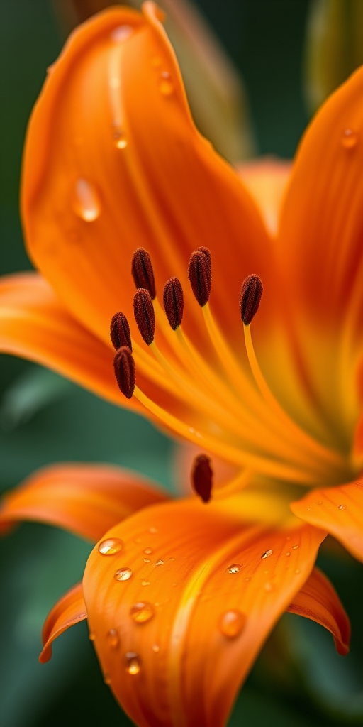 Regenerate an image of a vibrant orange lily flower with water droplets, captured in soft focus to emphasize depth of field, using a Canon EOS 5D Mark IV camera with a 50mm f/1.8 lens, aperture set to f/2.8, ISO 200, and a shutter speed of 1/250 sec, with a shallow background blur.