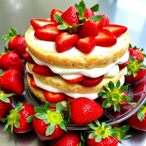 A deliciously arranged strawberry sandwich cake with layers of fresh strawberries and whipped cream between soft white bread served on a clear glass plate surrounded by whole strawberries.