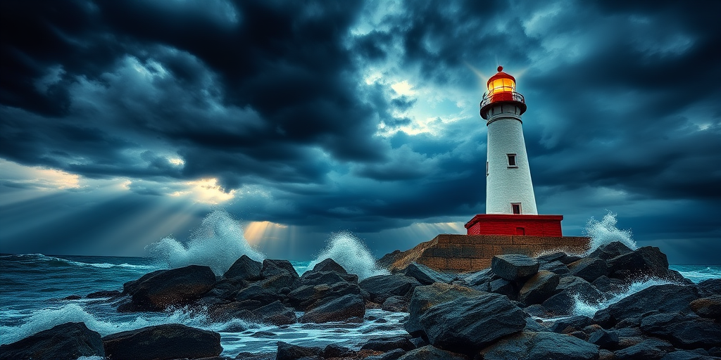 Create a high-resolution digital artwork of a vibrant lighthouse on a rocky shore during a dramatic stormy sky, with waves crashing against the base; use a DSLR camera with a 24mm lens, f/8 aperture, ISO 100, and shoot from a low angle to emphasize the height of the lighthouse against the backdrop of dark clouds and rays of light breaking through.