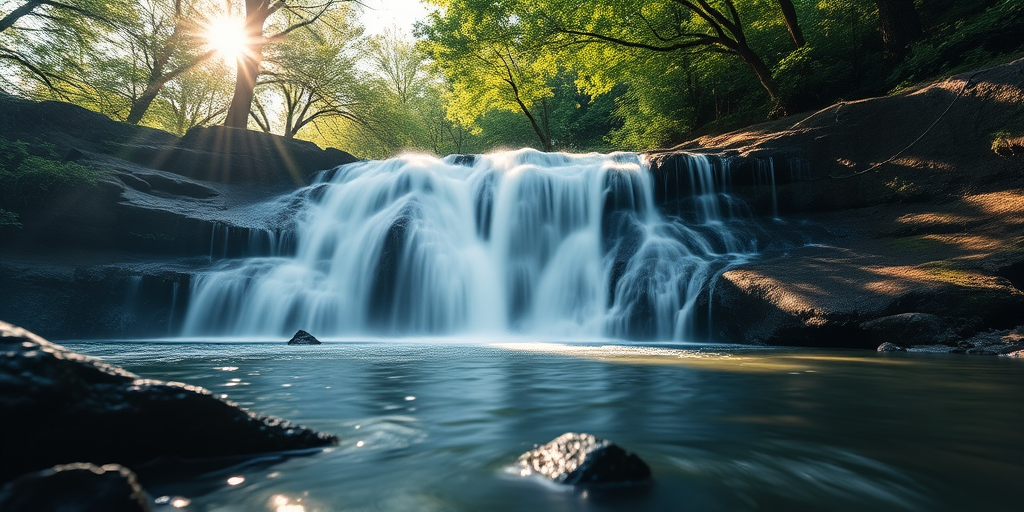 Capture a serene waterfall scene with soft sunlight streaming through lush green trees, using a Canon EOS R5 with a 24-70mm f/2.8 lens at f/8, ISO 100, and a shutter speed of 1/60 sec, in a wide-angle view to enhance the depth and texture of the water and rocks.