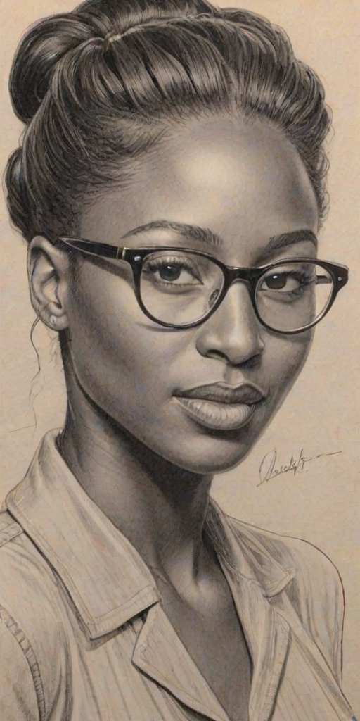 Wonderful Rutina Wesley, pencil sketch, portrait of Gorgeous woman 1939s in glasses, hair style beatnik, outline, clear lines, fine lines, 8k