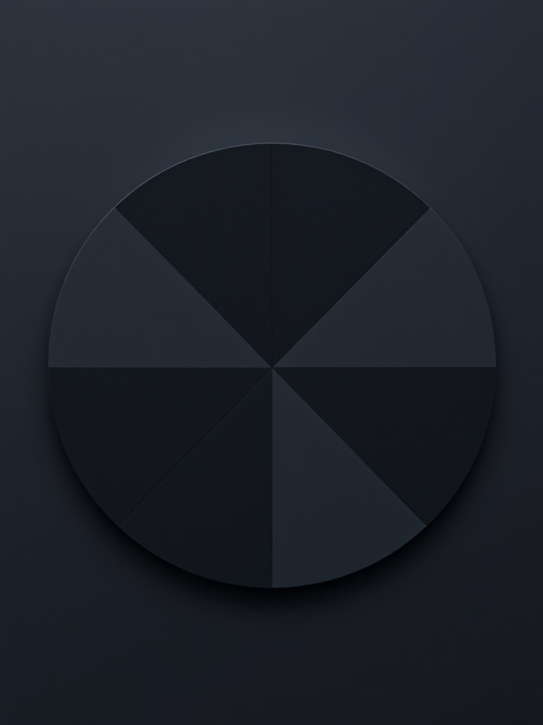 Create a high-resolution geometric design featuring a circular shape divided into four sections with varying shades of dark gray, using a DSLR camera with a 50mm lens, aperture set to f/1.8, ISO 100, shot from a top-down angle for a clean and sharp focus.