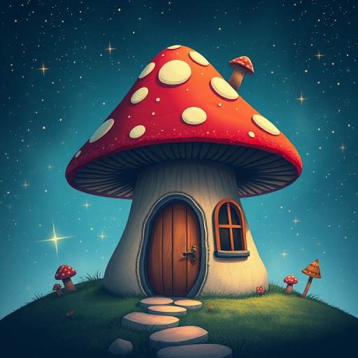 generate illustration of a mushroom house with a door and a window, a storybook , fantasy art, mushroom house, bg starry sky, sparkles