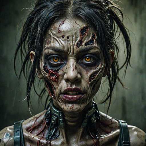 (perspective) of A creepy (ethnicity) zombie cyborg with (descriptive color) skin, (color) lipstick (color) liquid flowing from her eyes and mouth, (perspective two) portrait, (camera angle), extremely detailed, (art style) in the style of Yoshitaka Amano and Tetsuo Hara. --ar 85:128 --style raw --niji 6
