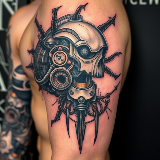 Biomechanical tattoo called "Cybernetic Fusion" blending organic forms with mechanical elements, creating the illusion of exposed robotic parts beneath torn skin using shades of gray and metallic accents