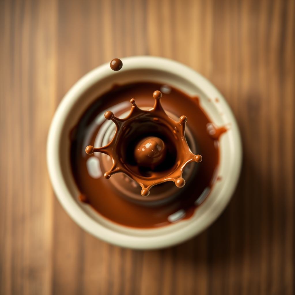 high-speed capture of a chocolate splash in a bowl, DSLR camera, f/8 aperture, 1/1000 sec shutter speed, ISO 200, top-down view, macro lens, softbox lighting for enhanced detail and clarity