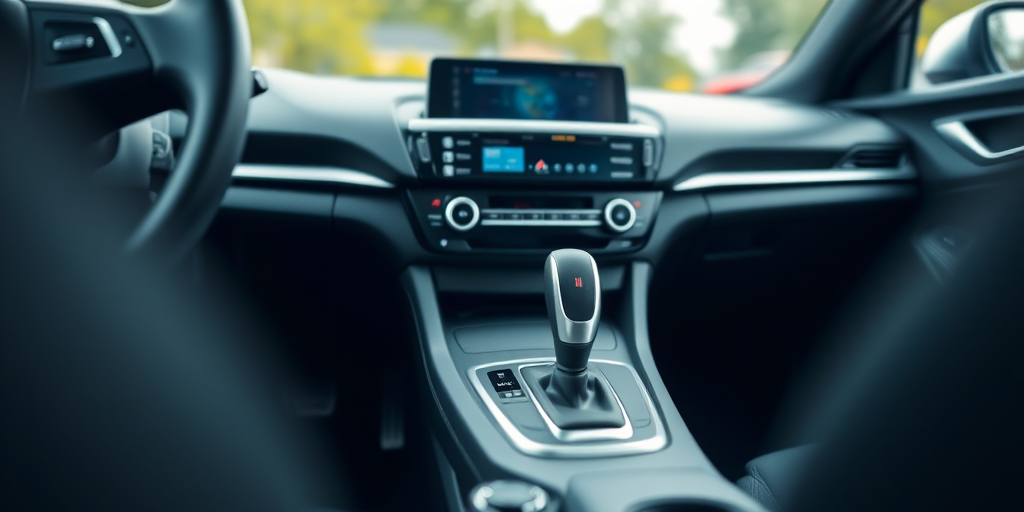 Capture a close-up image of a modern car interior focusing on the gear shift and center console, using a DSLR camera with a 50mm lens at f/2.8 aperture, ISO 100, and a shutter speed of 1/60 seconds, in natural light with a shallow depth of field to enhance details and create a soft background blur.
