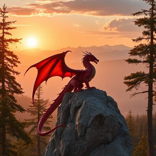 Create a high-resolution fantasy landscape featuring a majestic red dragon perched on a rocky cliff surrounded by towering pine trees and distant mountains, with a warm sunset glow illuminating the scene, using a DSLR camera at 50mm, f/4 aperture, ISO 100, and a soft focus effect for a dreamy atmosphere.