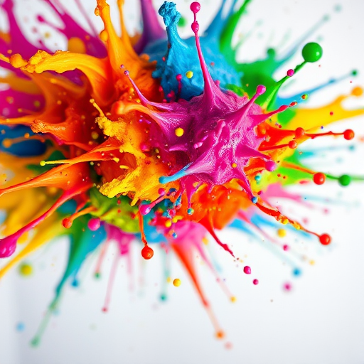 vivid explosion of multicolored paint splashes frozen in motion, macro view, f/2.8 aperture, 1/1000 shutter speed, ISO 100, wide-angle lens, soft studio lighting, high-definition image quality