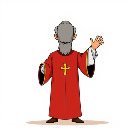 Create an illustration of a historical judge in a red robe with a cross on the collar, facing forward with one hand raised, drawn in a cartoonish style, captured with a DSLR camera at f/4 aperture, 50mm lens, natural lighting, and a shallow depth of field for enhanced clarity.