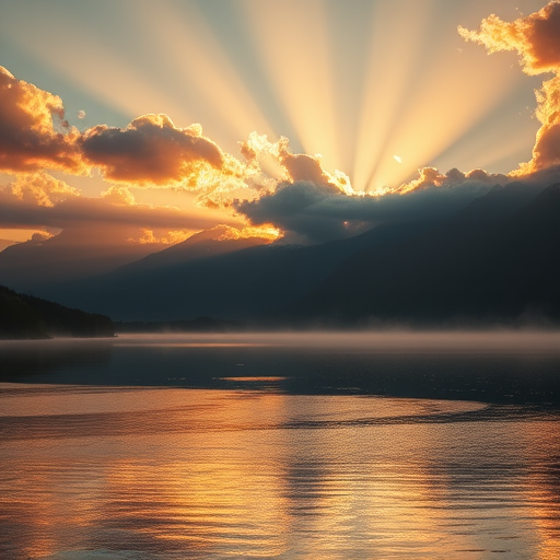 landscape of a serene lake at sunrise with mountains in the background, warm sunlight piercing through clouds, mist rising from the water, shot with a DSLR camera, 24mm lens, aperture set to f/8, ISO 200, golden hour lighting, high dynamic range for enhanced details