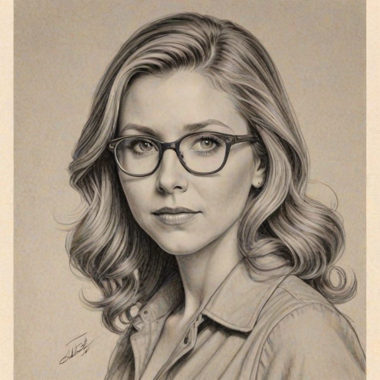 Resplendent Sarah Chalke, pencil sketch, portrait of Magnificent woman 1939s in glasses, hair style beatnik, outline, clear lines, fine lines, 8k