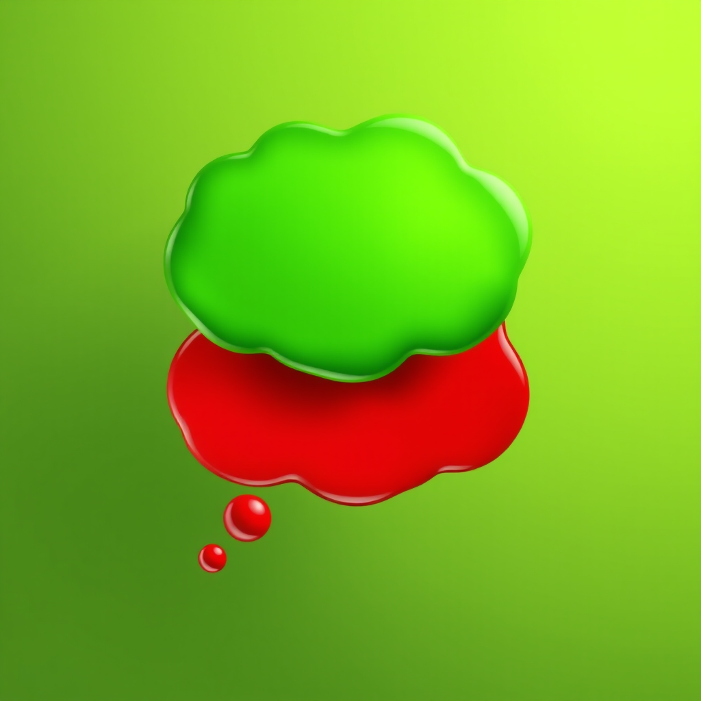 Create a high-resolution digital illustration of two thought bubbles, one green and one red, with a glossy effect and smooth gradients, using a Canon EOS R camera at f/2.8 aperture, 50mm lens, and ISO 100, with a soft-focus background for enhanced clarity.