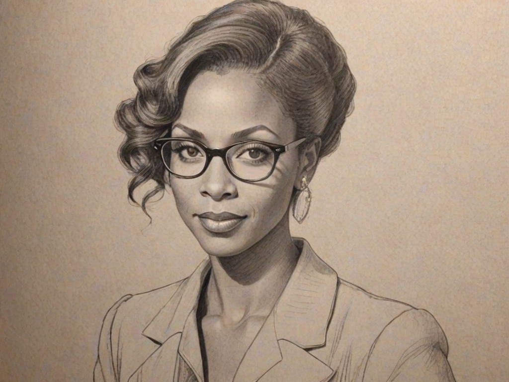 Splendid Holly Robinson Peete, pencil sketch, portrait of Resplendent woman 1930s in glasses, hair style beatnik, outline, clear lines, fine lines, 8k