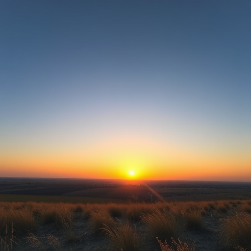 Generate a high-resolution image of a serene landscape with a clear sky at sunset, using a Canon EOS R5, aperture f/8, ISO 100, shutter speed 1/60 sec, 24mm focal length, wide-angle view, and natural lighting for enhanced image quality.