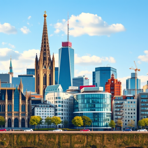 Create a vibrant city skyline illustration featuring distinct architectural styles, include sharp details of gothic spires, modern buildings, and a castle tower, set against a clear blue sky with soft clouds, use a DSLR camera with a 50mm lens, aperture set to f/8 for depth of field, and ISO 100 for optimal clarity.