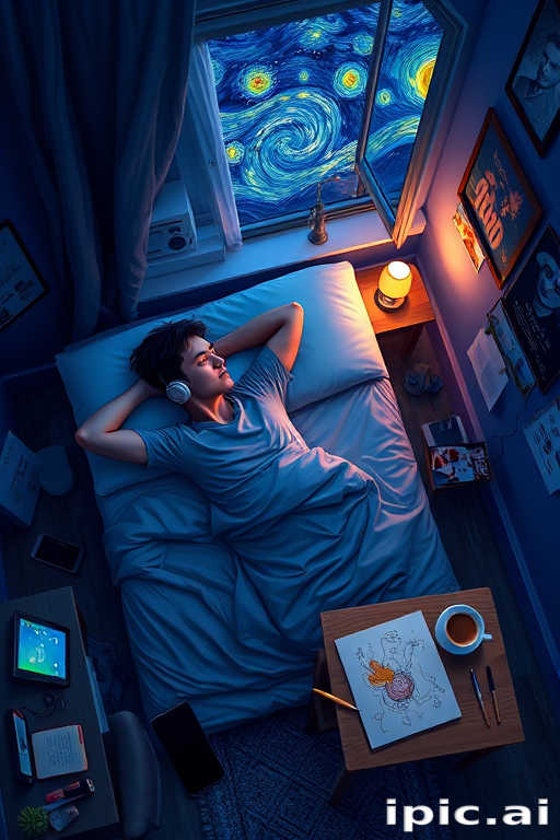 A top-down Van Gogh-style painting of a young man lying on his bed, listening to music with headphones. The room is softly lit with deep blues and purples, creating a peaceful nighttime atmosphere. The bed has a soft pillow, and the man's arms are resting behind his head. Around the bed, various glowing gadgets such as a smartphone, a laptop, and a small lamp are visible, casting a gentle light. The rest of the bedroom includes a desk with books, a chair, and a small rug on the floor. A window near the bed reveals a starry night sky with swirling stars, reminiscent of Van Gogh's 'Starry Night.' On the desk, there is a sketchbook with colorful drawings, a cup of coffee steaming gently, and a small potted plant. The walls have posters of famous paintings and a corkboard with pinned notes and photos. The scene is full of dynamic, swirling brushstrokes, capturing the essence of Van Gogh's unique style. The overall mood is serene and contemplative, with a touch of artistic inspiration.