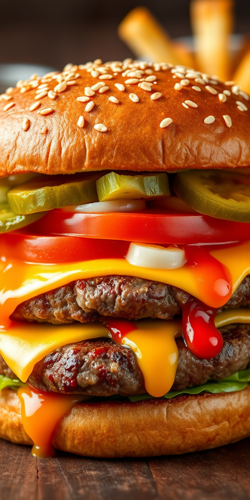 High-resolution, close-up image of a gourmet double cheeseburger. The burger features a glossy, sesame-seed-topped brioche bun. Inside, there are two thick, juicy beef patties, each topped with melted cheddar cheese. The burger is garnished with fresh lettuce, tomato slices, diced onions, and pickles. A generous amount of ketchup and a creamy, orange-colored sauce is dripping down the sides, adding to the mouth-watering appeal. In the background, there are blurred elements including a side of golden French fries and a hint of a beverage, enhancing the overall presentation of a delicious meal.