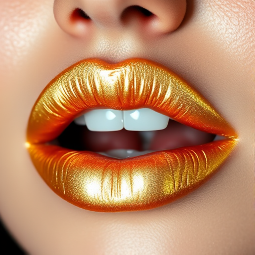 Shimmering gold metallic lip color adorns expertly lined lips, catching the light and creating a mesmerizing holographic effect, accentuating the lip's natural curves