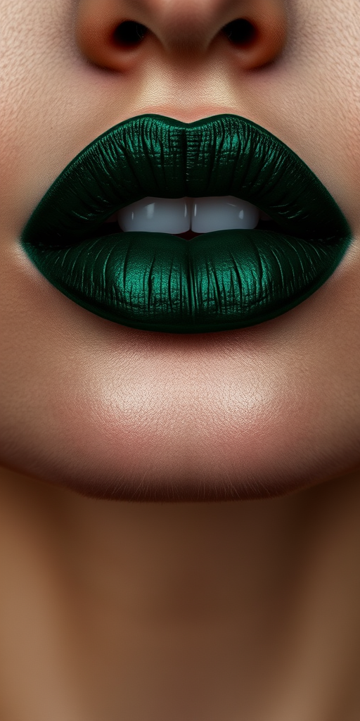 Seductive woman lips coated in deep emerald green velvet matte lipstick, full face image conveying alluring mystique and bold personality