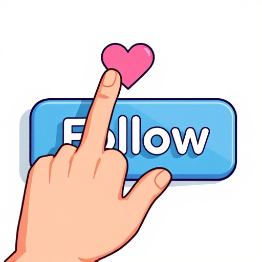Create a digital illustration of a hand pressing a blue "Follow" button with a heart above it, using a high-resolution camera setting of 300 DPI, a close-up view, in a vector art style with a digital camera type to enhance image quality.