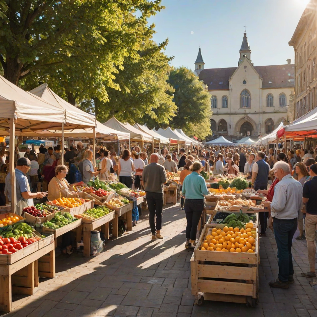 Lively farmer's market, with colorful stalls overflowing with fresh produce, customers chatting and sampling local cheeses, and the warm glow of the sun illuminating the vibrant scene.