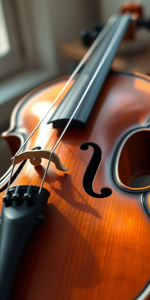 Create a detailed image of a violin with intricate wood grain texture, illuminated by soft natural lighting, photographed with a DSLR camera at f/2.8 aperture, 50mm lens, in a shallow depth of field focus, capturing the contours and curves of the instrument against a blurred background.