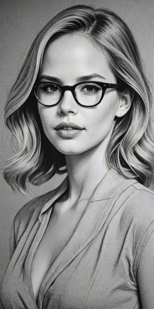 Ravishing Halston Sage, pencil sketch, portrait of Radiant woman 1952s in glasses, hair style beatnik, outline, clear lines, fine lines, 8k