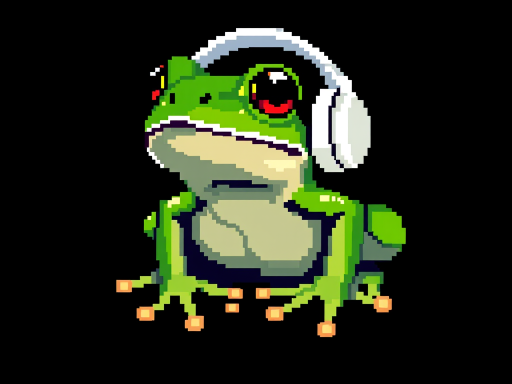 Create a high-resolution pixel art image of a cute green frog with white headphones on a black background using a digital camera with a 50mm lens, f/1.8 aperture, ISO 100, and a 1/200 sec shutter speed.