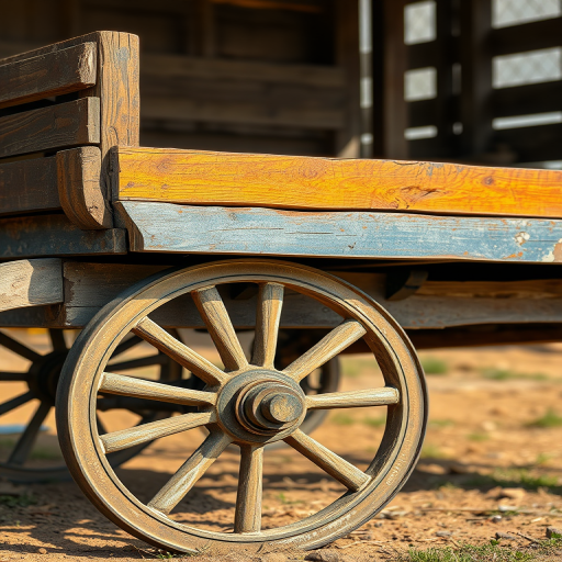 Photograph a rustic wooden cart with weathered textures and peeling paint, using a DSLR camera with a 50mm lens, aperture f/2.8, ISO 200, in natural daylight from a low angle to emphasize the wooden details and wheel structure, ensuring a shallow depth of field for a soft background blur.