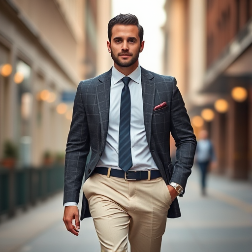 generate a well-dressed man walking confidently in an urban setting, sharp focus, 50mm lens, f/1.8 aperture, ISO 100, soft bokeh background, natural light, portrait orientation, DSLR camera