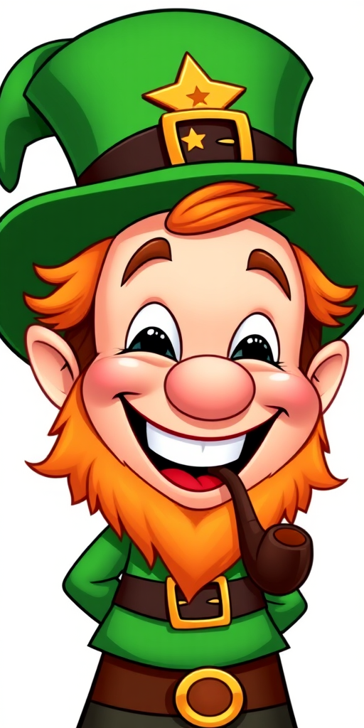 Create a cartoon image of a happy leprechaun wearing a green top hat with a gold buckle and a star, smiling broadly with a pipe in his mouth, 50mm lens, f/2.8 aperture, soft lighting, taken with a DSLR camera, high resolution, vibrant colors.