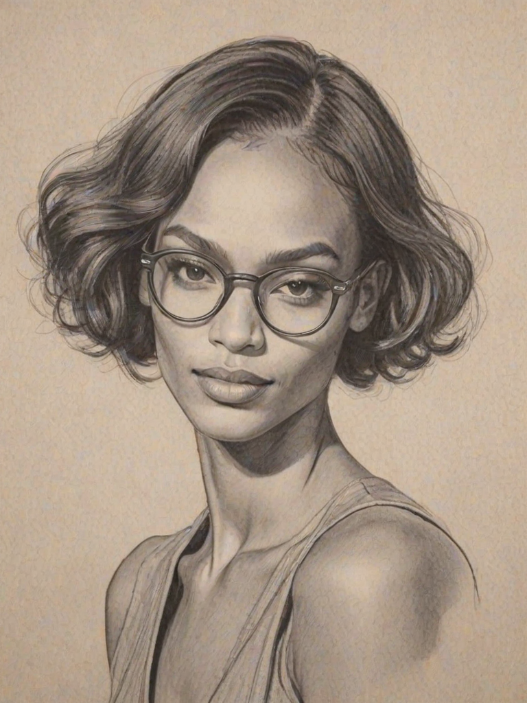 Sublime Joan Smalls, pencil sketch, portrait of Radiant woman 1923s in glasses, hair style beatnik, outline, clear lines, fine lines, 8k