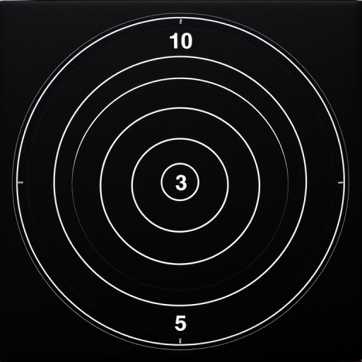 Create a high-resolution image of a black target with concentric white circles and evenly spaced numbers from 1 to 10, captured with a DSLR camera using a 50mm lens at f/8, ISO 100, shutter speed 1/60 sec, top-down view, photographic style.