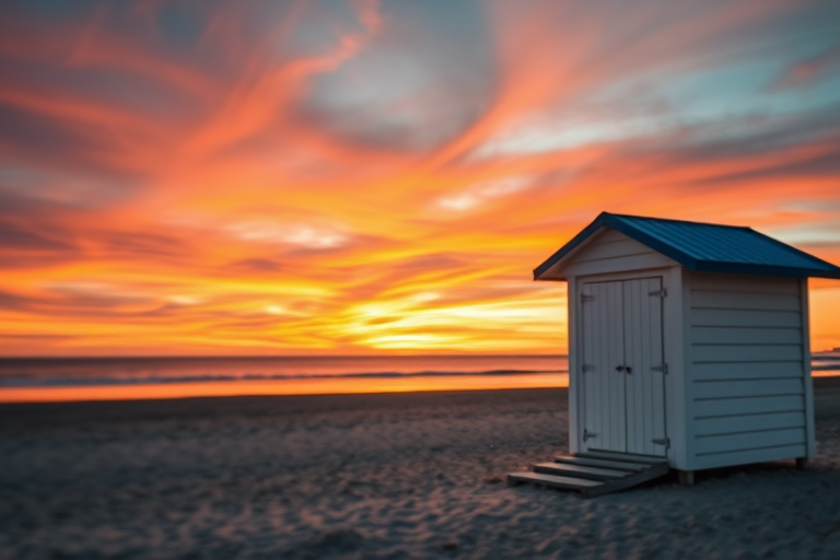sunset at the beach with a white beach hut and blue roof, vibrant colors in the sky, shallow focus on the hut, Canon EOS R5, aperture f/8, ISO 100, 24mm lens, soft golden hour light, slight HDR effect