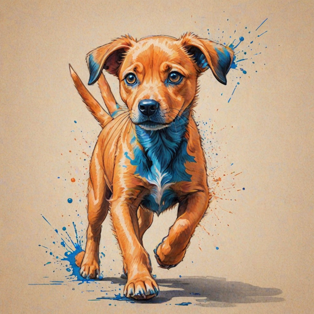 A vibrant childs coloured pencil drawn illustration of a bright orange dog with large, expressive blue eyes, a very cute style. The dog appears to be walking towards the viewer, surrounded by an abstract splash of colors and fine black lines, giving the image a dynamic and artistic flair. The background is a soft beige, highlighting the cat's vivid coloration and playful demeanor. Naively drawn scratchy line style.