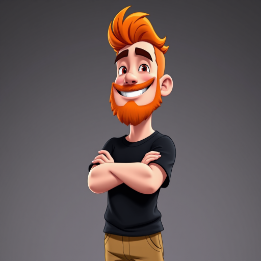 create a cartoon character of a man with orange hair and a beard, wearing a black t-shirt and khaki shorts, standing with arms crossed and a smirk, high resolution, 4K quality, wide-angle lens, studio lighting, digital illustration style
