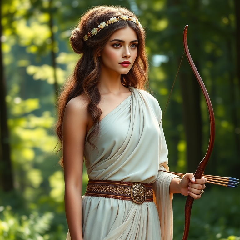 Create a portrait of a goddess-like Coptic girl figure in a tranquil, forested environment. She has an elegant appearance with long, wavy hair styled in an updo and adorned with a delicate, floral headband. She wears a flowing, ancient Greek-inspired gown in a soft, pale color, featuring a one-shoulder design and draped fabric that accentuates her graceful form. The outfit includes a decorative belt with ornate gold detailing, and she holds a bow in her hand, with a quiver of arrows slung over her shoulder. The background depicts lush greenery, with sunlight filtering through the trees, casting a gentle, ethereal light on the scene. Her expression is calm and contemplative, embodying a sense of wisdom and serenity.