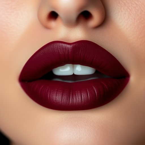 Sultry matte burgundy lips, carefully painted with precision, featuring a bold and dramatic cupid's bow, exuding confidence and sophistication in every curve