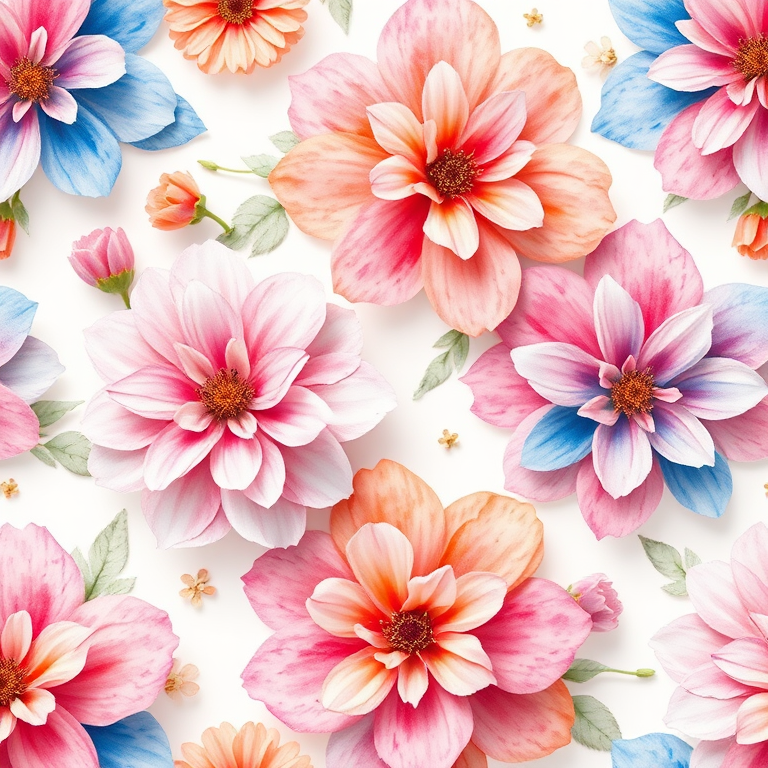 Regenerate a vibrant floral pattern featuring soft watercolor flowers in shades of pink, blue, and orange with a bright white background, captured with a Canon EOS 5D Mark IV, 50mm f/1.8 lens, f/2.8 aperture, ISO 100, and a soft focus style for enhanced texture and depth.