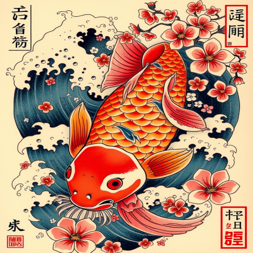 Traditional Japanese irezumi tattoo called "Koi's Journey" showcasing a large, colorful koi fish swimming through turbulent waves and cherry blossoms, with intricate background details and symbolic elements woven throughout the composition