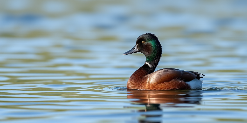 Capture a high-resolution image of a tufted duck swimming on a calm lake, using a Canon EOS 5D Mark IV, 85mm lens, f/2.8 aperture, 1/500 sec shutter speed, ISO 200, with a focus on sharp detail and rich contrast, emphasizing the duck's textures and reflections in the water.