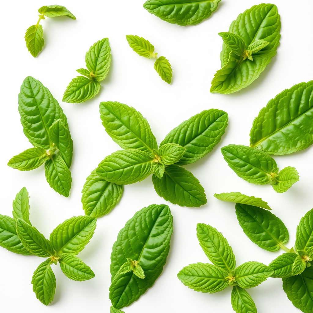 fresh mint leaves arranged on a white background, macro view, natural lighting, f/2.8 aperture, 50mm lens, DSLR camera, high-resolution image