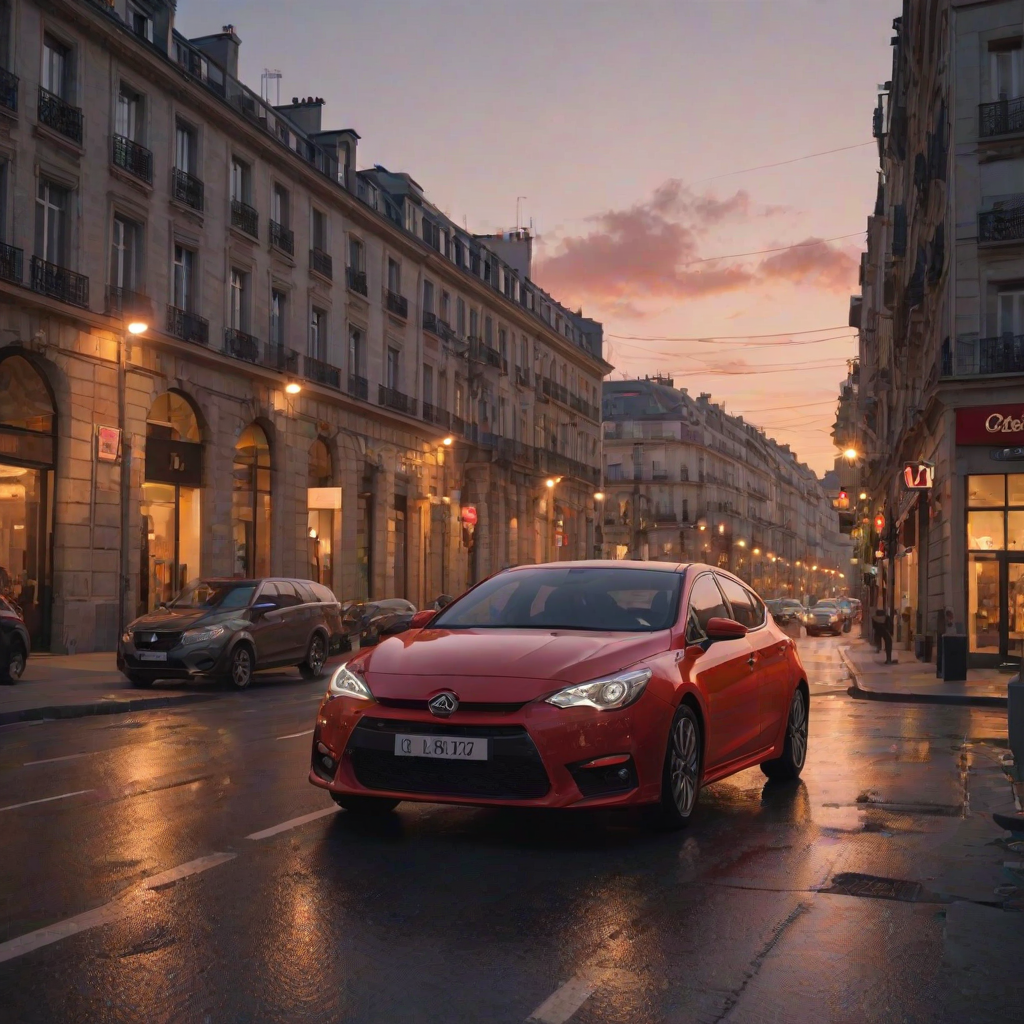((masterpiece, best quality)),In the evening, the sunset is reflected on the car, red car, the car is driving on the road, Dusk backlight, Street lights, street signs, parking signs, Render, UE5, Modernization, French architecture, bustling streets,
