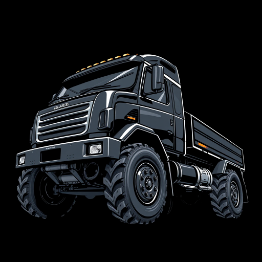 illustration of a detailed black truck with a prominent cab and large wheels, captured from a low angle in a dynamic composition, using a DSLR camera with a 50mm lens at f/2.8, shutter speed 1/250 sec, ISO 100, with a subtle depth of field and high contrast lighting to enhance texture and details