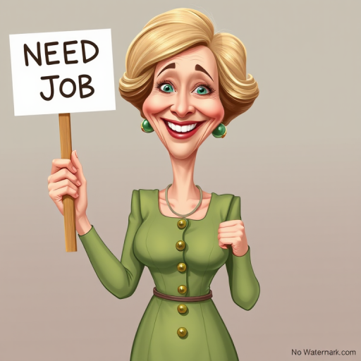 caricature of a smiling Maggie Smith in a Asparagus dress or suit, holding up a sign that says "NEED A JOB", no watermark,