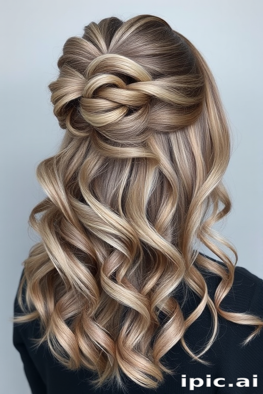 Smoky quartz ombre hair styled in a voluminous half-up bouffant, Misty Mountain style, blending ash brown and cool gray tones for an ethereal, dreamy appearance